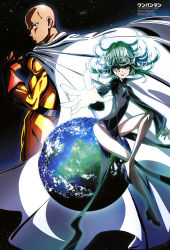 Rule 34 | 1boy, 1girl, absurdres, aura, bald, bare legs, black dress, breasts, cape, curly hair, dress, earth (planet), glowing, glowing eyes, green eyes, green hair, high heels, highres, hold out hand, matching hair/eyes, official art, one-punch man, outstretched hand, pelvic curtain, planet, saitama (one-punch man), short hair, smile, taniguchi hiromi, tatsumaki