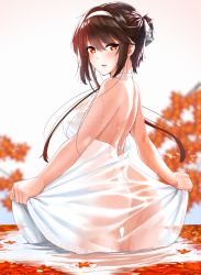 Rule 34 | 1girl, :d, absurdres, ass, back, backless dress, backless outfit, bishi (bishi), blush, breasts, brown hair, clothes lift, dress, dress lift, from behind, girls&#039; frontline, hairband, highres, large breasts, leaf, long hair, looking at viewer, looking back, no bra, no panties, open mouth, red eyes, see-through, sidelocks, smile, solo, standing, swept bangs, type 79 (girls&#039; frontline), wading, wet, white dress
