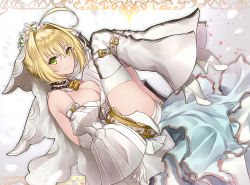 Rule 34 | 10s, 1girl, ahoge, artist name, belt, blonde hair, blush, breasts, chain, detached sleeves, eyebrows, fate/extra, fate/extra ccc, fate/grand order, fate (series), flower, gloves, green eyes, hair intakes, high heels, large breasts, lock, looking at viewer, nero claudius (bride) (fate), nero claudius (bride) (second ascension) (fate), nero claudius (fate), nero claudius (fate) (all), padlock, puffy sleeves, short hair, smile, solo, thighhighs, white gloves, yaman (yamanta lov)