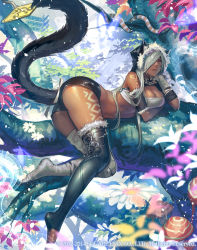Rule 34 | 1girl, animal ears, ass, boots, breasts, cat ears, cheshire cat (alice in wonderland), cleavage, dark skin, day, full body, guardian cross, hair over one eye, head rest, heart, highres, in tree, large breasts, lying, midriff, official art, on side, outdoors, silver hair, snake, tail, tattoo, thigh boots, thighhighs, tree, watermark, white thighhighs, yamada rokkaku