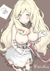 Rule 34 | 10s, 1girl, bad id, bad pixiv id, bare shoulders, belt, blonde hair, blue eyes, blush, breasts, breasts out, brown background, cowboy shot, dress, eyes visible through hair, garter straps, gloves, hair over one eye, kantai collection, large breasts, long hair, looking at viewer, mole, mole under eye, nipples, no bra, open mouth, popo, richelieu (kancolle), scarf, simple background, solo, sweatdrop, tearing clothes, tears, thighhighs, torn clothes