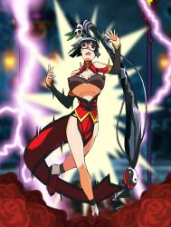 Rule 34 | 1girl, arc system works, artist request, bare shoulders, black eyes, black hair, blazblue, bouncing breasts, bra, breasts, china dress, chinese clothes, dress, electricity, electrocution, glasses, hair ornament, highres, lao jiu, large breasts, lightning, litchi faye ling, long hair, looking at viewer, open mouth, ryona, shiny skin, teardrop, tears, thong, underwear, very long hair, yin yang
