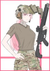 Rule 34 | 1girl, absurdres, breasts, brown shirt, camouflage, camouflage headwear, camouflage pants, closed mouth, commentary request, ear protection, eyes visible through hair, girls&#039; frontline, gun, hair over one eye, hand on own hip, headset, helmet, highres, holding, holding gun, holding weapon, lauging man (shun a t i o), long hair, looking at viewer, name connection, object namesake, pants, pink hair, red eyes, rifle, shirt, short sleeves, sig mcx, sig mcx (girls&#039; frontline), small breasts, solo, very long hair, weapon