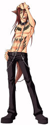 Rule 34 | 1boy, abarai renji, animal ears, bleach, cat boy, cat ears, cat tail, chain, collar, full body, highres, leash, long image, male focus, muscular, red hair, simple background, solo, tail, tall image, tattoo, white background