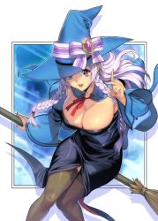 Rule 34 | 1girl, breasts, broom, cleavage, hat, hip focus, homare (fool&#039;s art), large breasts, looking at viewer, open mouth, original, purple eyes, purple hair, smile, solo, thighhighs, witch, witch hat