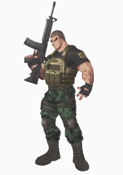 Rule 34 | 1boy, bag, bara, belt, black hair, boots, bulletproof vest, buzz cut, camouflage, camouflage pants, fingerless gloves, gloves, grey hair, gun, highres, knee pads, leather, leather belt, leg belt, long sideburns, looking at viewer, male focus, manly, mature male, military, multicolored hair, muscular, muscular male, original, pants, scar, scar on arm, scar on face, selkiro, shirt, short hair, sideburns, solo, t-shirt, thick arms, thick eyebrows, thick thighs, thighs, veins, veiny arms, very short hair, weapon