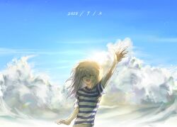 Rule 34 | 1boy, :d, arm up, bakura ryou, blue shirt, blue sky, closed eyes, cloud, commentary, goushen0309, grey hair, hair between eyes, highres, long bangs, long hair, male focus, open mouth, shirt, short sleeves, sky, smile, solo, striped clothes, striped shirt, teeth, upper body, upper teeth only, waving, white shirt, yu-gi-oh!, yu-gi-oh! duel monsters