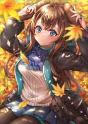 Rule 34 | 1girl, amiya (arknights), animal ears, arknights, autumn leaves, black jacket, blue eyes, blurry, blurry foreground, breasts, brown hair, hair between eyes, highres, infection monitor (arknights), jacket, jewelry, long hair, long sleeves, looking at viewer, nyamaso, open clothes, open jacket, outdoors, pantyhose, ponytail, rabbit ears, ring, shirt, sidelocks, sitting, skirt, solo