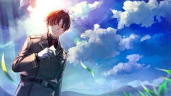 Rule 34 | 1boy, 86 -eightysix-, absurdres, black shirt, brown hair, closed mouth, cloud, collared shirt, day, gloves, grey gloves, grey jacket, highres, jacket, lens flare, looking at viewer, male focus, military, military jacket, military uniform, mountainous horizon, necktie, outdoors, red eyes, red necktie, shinei nouzen, shintake, shirt, short hair, smile, solo, uniform, wing collar