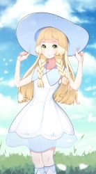 Rule 34 | 1girl, absurdres, blonde hair, blush, braid, commentary, creatures (company), day, dress, game freak, green eyes, hat, highres, lillie (pokemon), long hair, looking at viewer, nintendo, open mouth, outdoors, pokemon, pokemon sm, short hair, smile, solo, standing, sundress, twin braids, white dress, yugo (yuno65)