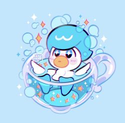 Rule 34 | + +, afloat, blue background, blue eyes, blush stickers, commentary, creatures (company), cup, game freak, in container, in cup, leaphere, nintendo, no humans, parted lips, pokemon, pokemon (creature), quaxly, solo, sparkle, star (symbol), teacup, water