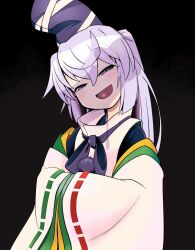 Rule 34 | 1girl, :d, black background, black hat, grey eyes, grey hair, hands in opposite sleeves, hat, head tilt, kagehito, long hair, long sleeves, looking at viewer, mononobe no futo, open mouth, ponytail, ribbon-trimmed sleeves, ribbon trim, simple background, smile, solo, tate eboshi, touhou, wide sleeves