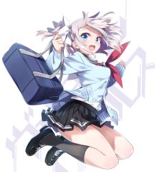 Rule 34 | 1girl, :d, bag, black footwear, black skirt, black socks, blue cardigan, blue eyes, blush, bow, cardigan, character request, commentary request, full body, hair bow, hayakawa harui, highres, holding, holding bag, kneehighs, loafers, long sleeves, looking at viewer, looking to the side, neckerchief, open mouth, pleated skirt, red neckerchief, sailor collar, school bag, school uniform, serafuku, shirt, shoes, silver hair, skirt, sleeves past wrists, smile, socks, solo, teeth, two side up, upper teeth only, valkyrie impulse, white background, white bow, white sailor collar, white shirt