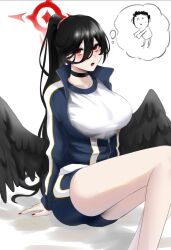 Rule 34 | 1girl, black hair, black wings, blue archive, blue jacket, blue shorts, blush, breasts, collarbone, doodle sensei (blue archive), feathered wings, hair between eyes, hair tie, halo, hasumi (blue archive), hasumi (track) (blue archive), highres, jacket, large breasts, mianbaoren, mole, mole under eye, open mouth, partially unzipped, ponytail, popped collar, red nails, sensei (blue archive), shirt, shorts, thought bubble, white shirt, wings, zipper pull tab