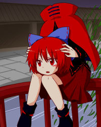 Rule 34 | 1girl, anime coloring, bow, disembodied head, gimicalmas, hair bow, head hold, headless, holding head, knees together feet apart, large bow, lowres, nukekubi, red eyes, red hair, sekibanki, short hair, sitting, solo, touhou