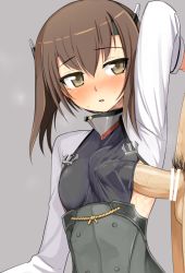 Rule 34 | 10s, 1girl, arm up, armpits, blush, breasts, brown eyes, brown hair, covered erect nipples, erection, frottage, headband, headgear, kantai collection, kumadano, looking at viewer, naizuri, nude, open mouth, paizuri, penis, penis to breast, penis under another&#039;s clothes, short hair, small breasts, solo focus, sweat, taihou (kancolle), testicles