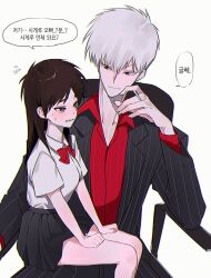 Rule 34 | 1boy, 1girl, akagi: yami ni oritatta tensai, akagi shigeru, black jacket, black skirt, blush, bow, bowtie, breasts, brown eyes, brown hair, chair, cigarette, clenched teeth, commentary, feet out of frame, flying sweatdrops, formal, fukumoto mahjong, genderswap, genderswap (mtf), grey hair, hair between eyes, highres, holding, holding cigarette, itou kaiji, jacket, kaiji, korean text, long hair, long sleeves, looking at another, looking to the side, medium bangs, office chair, pleated skirt, red bow, red bowtie, red shirt, shirt, short hair, short sleeves, siho is alien, simple background, sitting, sitting on lap, sitting on person, skirt, small breasts, smile, striped clothes, striped jacket, suit, sweat, swivel chair, teeth, translation request, vertical-striped clothes, vertical-striped jacket, white background, white shirt