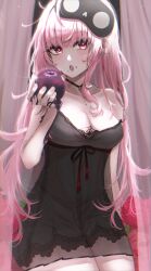 Rule 34 | 1girl, absurdres, apple, arata haru, black choker, black mask, black nightgown, blush, breasts, choker, cleavage, commentary, earrings, food, fruit, highres, holding, holding food, holding fruit, hololive, hololive english, jewelry, large breasts, long hair, looking at viewer, mask, messy hair, mori calliope, mori calliope (sleepwear), nightgown, open mouth, pink hair, red eyes, see-through, skull earrings, sleep mask, solo, symbol-only commentary, virtual youtuber