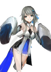 Rule 34 | 1girl, absurdres, bare shoulders, blue eyes, breasts, commentary request, crossed legs, detached sleeves, dress, feet out of frame, genshin impact, grey hair, grin, guizhong (genshin impact), hair ornament, halter dress, halterneck, hexagon hair ornament, highres, long hair, looking at viewer, low ponytail, medium breasts, okitsuma, short dress, sidelocks, sleeves past fingers, sleeves past wrists, smile, solo, swept bangs, watson cross, white dress