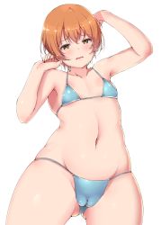 Rule 34 | 1girl, absurdres, armpits, arms up, bikini, blue bikini, blush, cameltoe, cleft of venus, collarbone, commentary, cowboy shot, embarrassed, flat chest, gluteal fold, highres, hoshizora rin, love live!, love live! school idol project, micro bikini, open mouth, orange hair, shinonon (iso shino), short hair, sidelocks, simple background, solo, standing, swimsuit, thighs, wavy mouth, white background, wide hips, yellow eyes