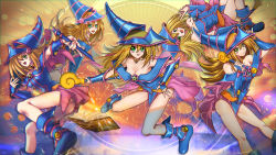 Rule 34 | 1girl, bare shoulders, blonde hair, blue footwear, blush stickers, book, boots, breasts, choker, cleavage, dark magician girl, duel monster, green eyes, hat, holding, long hair, looking at viewer, multiple views, open mouth, smile, suruga dbh, wand, wizard hat, yu-gi-oh!