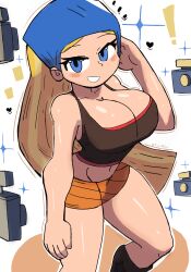 Rule 34 | !, 1girl, absurdres, arm behind head, blonde hair, blue eyes, blue headwear, blush, boots, breasts, brown footwear, brown shirt, camera, cleavage, collarbone, grin, head scarf, heart, highres, large breasts, lindsay (total drama), long hair, looking at viewer, midriff, navel, orange skirt, shirt, skirt, smile, sparkle, standing, star (symbol), striped clothes, striped skirt, tank top, teeth, thick thighs, thighs, tony welt, total drama, white background