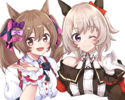 Rule 34 | 2girls, :d, ;), animal ears, bare shoulders, black bow, black jacket, blush, bow, breasts, brown eyes, brown hair, center frills, closed mouth, collarbone, collared dress, collared shirt, commentary request, covered collarbone, cropped torso, curren chan (umamusume), dress, ear bow, frills, gloves, ha (hura76752775), hair bow, horse ears, jacket, long hair, long sleeves, looking at viewer, medium breasts, multiple girls, off-shoulder jacket, off shoulder, one eye closed, open mouth, pink bow, puffy short sleeves, puffy sleeves, purple bow, purple eyes, red bow, shirt, short sleeves, simple background, sleeveless, sleeveless dress, smart falcon (umamusume), smile, striped clothes, striped dress, twintails, umamusume, upper body, vertical-striped clothes, vertical-striped dress, white background, white gloves, white shirt