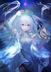Rule 34 | 1girl, absurdres, angel, angel wings, arm up, blue background, blue dress, blue eyes, blue nails, blue ribbon, breasts, chinese text, dot nose, dress, english text, feathered wings, floating hair, hair between eyes, halo, highres, large breasts, light particles, long hair, looking at viewer, nail polish, neck ribbon, open hand, original, parted lips, ribbon, seisaiminty, signature, sleeveless, sleeveless dress, solo, sparkle, standing, straight-on, very long hair, watermark, white hair, wings
