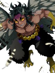 Rule 34 | 1boy, a4h2maico, abs, absurdres, animal feet, animal hands, artist name, bird legs, bird wings, black hair, claws, colored sclera, dark-skinned male, dark skin, demon boy, dilated pupils, fangs, feathered wings, feathers, flying, full body, hantengu (kimetsu no yaiba), harpy boy, highres, horns, kimetsu no yaiba, long hair, looking at viewer, male focus, monster boy, open mouth, original, pointy ears, sidelocks, simple background, solo, symbol-shaped pupils, talons, thick eyebrows, toned, toned male, topless male, twitter username, urogi (kimetsu no yaiba), veins, white background, wings, yellow eyes, yellow sclera