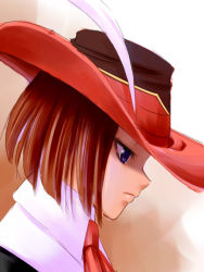 Rule 34 | 00s, 1girl, ascot, blue eyes, brown hair, closed mouth, feathers, final fantasy, final fantasy xi, from side, frown, hat, hat feather, hume, portrait, red mage (final fantasy), short hair, solo, tori, tori (torinchi)
