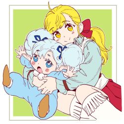 2girls ahoge arms_up blonde_hair blue_eyes blue_hair blue_ribbon blush blush_stickers bright_pupils brown_shoes closed_mouth double_bun fortune_quest hair_bun hair_ribbon highres hug long_hair long_sleeves looking_at_viewer multiple_girls nagimiso onesie open_mouth pastel_g._king ponytail red_ribbon red_skirt ribbon rumy_(fortune_quest) shoes skirt smile white_pupils yellow_eyes