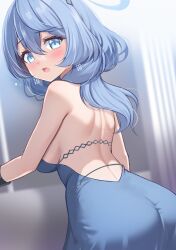 Rule 34 | 1girl, ako (blue archive), ako (dress) (blue archive), ass, backless dress, backless outfit, bare shoulders, blue archive, blue dress, blue eyes, blue hair, blush, breasts, dress, hair between eyes, halo, izumi akane, large breasts, looking at viewer, looking back, medium hair, open mouth, sideboob, solo
