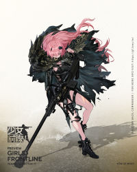 Rule 34 | 1girl, anti-materiel rifle, bipod, black footwear, black gloves, black leotard, boot straps, boots, breasts, camouflage, camouflage cloak, cape, character name, cloak, covered mouth, damaged, denel land systems, full body, girls&#039; frontline, gloves, grey jacket, gun, handgun, headgear, highres, holding, holding gun, holding weapon, holster, holstered, hood, hood down, hooded cloak, jacket, leotard, logo, long hair, looking at viewer, mod3 (girls&#039; frontline), ntw-20, ntw-20 (girls&#039; frontline), ntw-20 (mod3) (girls&#039; frontline), official alternate costume, official art, one eye closed, pink eyes, pink hair, pistol, ran (bukeranwu), rifle, scope, skindentation, sniper rifle, solo, thigh holster, thighs, torn clothes, very long hair, weapon, wind, wrist straps