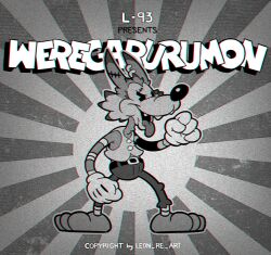 Rule 34 | 1930s (style), bare shoulders, belt, buttons, cartoonized, clenched hands, digimon, digimon (creature), earrings, gloves, greyscale, highres, jewelry, leon re art, monochrome, pants, scar, solo, standing, teeth, tongue, tongue out, toon (style), upper teeth only, vest, weregarurumon