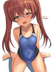 Rule 34 | 1girl, black one-piece swimsuit, blue one-piece swimsuit, blush, breasts, brown eyes, brown hair, competition swimsuit, covered navel, dark-skinned female, dark skin, dated, fang, hair between eyes, highres, kantai collection, libeccio (kancolle), long hair, looking at viewer, montemasa, multicolored clothes, multicolored swimsuit, one-hour drawing challenge, one-piece swimsuit, open mouth, sitting, small breasts, smile, solo, swimsuit, twintails, twitter username, two-tone swimsuit, wariza, white background