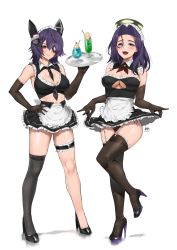 Rule 34 | 2girls, absurdres, alternate costume, apron, between breasts, black gloves, black legwear, black neckwear, black skirt, blush, breasts, bridal garter, c-da, cleavage cutout, clothing cutout, cup, elbow gloves, enmaided, eyepatch, frills, full body, garter straps, gloves, hair between eyes, halo, hand on own hip, headgear, high heels, highres, holding, holding tray, kantai collection, large breasts, maid, maid headdress, mechanical halo, medium hair, multiple girls, necktie, necktie between breasts, neckwear between breasts, open mouth, panties, pantyshot, purple eyes, purple hair, shadow, short hair, signature, simple background, single thighhigh, skirt, smile, standing, standing on one leg, tatsuta (kancolle), tenryuu (kancolle), thighhighs, tray, underwear, waist apron, white apron, white background, yellow eyes
