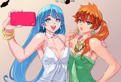 Rule 34 | 10s, 2girls, arm around shoulder, artist request, bare arms, bare shoulders, blue eyes, blue hair, boku no hero academia, breast press, breasts, cellphone, cleavage, closed mouth, collarbone, dress, earrings, green dress, green eyes, hadou nejire, hand on own hip, hand up, happy, highres, index finger raised, jewelry, kendou itsuka, long hair, matching hair/eyes, medium breasts, multiple girls, necklace, open mouth, orange hair, phone, ponytail, side ponytail, smile, standing, taking picture, teeth, tongue, upper body, very long hair, white dress