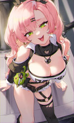 Rule 34 | 1girl, :d, bare shoulders, black ribbon, black shorts, black thighhighs, blush, breasts, cleavage, crop top, earrings, from above, green eyes, hair ornament, hair ribbon, hairclip, highres, jewelry, kokko (kokko3045), large breasts, long hair, long sleeves, looking at viewer, micro shorts, mole, mole on breast, mole under eye, nicole demara, open mouth, pink hair, revision, ribbon, short eyebrows, shorts, single thighhigh, smile, solo, thick eyebrows, thigh strap, thighhighs, torn clothes, torn thighhighs, very long hair, zenless zone zero