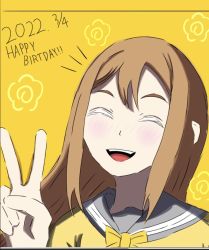 Rule 34 | 1girl, 2022, artist name, artist request, blush, bow, bowtie, breasts, brown hair, buttons, cardigan, close-up, closed eyes, collarbone, eyebrows, female focus, floating hair, grey sailor collar, hair between eyes, kunikida hanamaru, light brown hair, long hair, long sleeves, looking at viewer, love live!, love live! sunshine!!, orange bow, parted lips, sailor collar, school uniform, skirt, sleeves past wrists, smile, solo, sweater, upper body, uranohoshi school uniform, vest, wavy hair, yellow background, yellow cardigan, yellow sweater