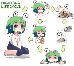 Rule 34 | 1girl, antennae, arrow (symbol), barefoot, black shorts, blush stickers, bread, breasts, cape, closed mouth, collared shirt, eating, food, green eyes, green hair, highres, holding, looking at viewer, pout, shirt, short hair, shorts, sitting, small breasts, smile, solo, touhou, ugif, underground, watering, watering can, white background, white shirt, wriggle nightbug