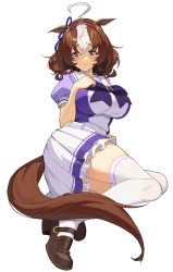 Rule 34 | 1girl, ahoge, animal ears, blouse, breasts, brown footwear, brown hair, closed mouth, full body, goumudan, hair between eyes, highres, horse ears, horse girl, horse tail, large breasts, looking at viewer, meisho doto (umamusume), multicolored hair, pleated skirt, purple eyes, purple shirt, school uniform, shirt, shoes, short hair, short sleeves, simple background, skirt, solo, tail, thighhighs, thighs, two-tone hair, umamusume, white background, white hair, white skirt, white thighhighs, zettai ryouiki