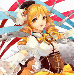 Rule 34 | 10s, 1girl, bad id, bad pixiv id, beret, blonde hair, detached sleeves, drill hair, gun, hair ornament, hairpin, hat, magical musket, mahou shoujo madoka magica, mahou shoujo madoka magica (anime), pleated skirt, puffy sleeves, ribbon, rifle, short hair, short twintails, skirt, solo, tomoe mami, twin drills, twintails, weapon, welchino, yellow eyes