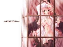 Rule 34 | 1girl, against glass, bat wings, breast press, breasts, breasts on glass, demon girl, demon tail, glasses, hand on window, horns, large breasts, long hair, miwa yoshikazu, navel, nipples, open clothes, open shirt, pink hair, pointy ears, shirt, solo, tail, thighhighs, unbuttoned, window, wings