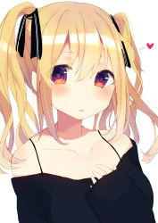 Rule 34 | 1girl, bare shoulders, black ribbon, blush, brown eyes, collarbone, gijxgij, hair between eyes, hair ribbon, hand on own chest, heart, highres, long hair, long sleeves, looking at viewer, multicolored eyes, open mouth, original, purple eyes, ribbon, simple background, sleeves past wrists, solo, twintails, upper body, white background