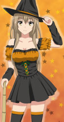 Rule 34 | 10s, 1girl, amagi brilliant park, bare shoulders, brown eyes, brown hair, contrapposto, cowboy shot, cp9a, detached sleeves, halloween, hat, hat tip, long hair, looking at viewer, sento isuzu, skirt, smile, solo, standing, thighhighs, witch hat, zettai ryouiki