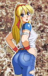 Rule 34 | 1girl, ass, blonde hair, blue eyes, breasts, denim, from behind, hairband, hands on own hips, hyd, irem, jeans, long hair, looking at viewer, looking back, medium breasts, pants, pantylines, rosa felmonde, shiny clothes, shiny skin, shoulder pads, sideboob, solo, standing, undercover cops, wristband