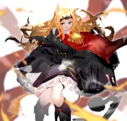 Rule 34 | 1girl, animal ear fluff, animal ears, archetto (arknights), arknights, black dress, black footwear, black gloves, blonde hair, blue eyes, boots, bow (weapon), breasts, cape, collared shirt, dress, elbow gloves, epaulettes, feet out of frame, gloves, headpiece, heterochromia, highres, holding, holding bow (weapon), holding weapon, long hair, looking at viewer, medium breasts, partially fingerless gloves, red cape, red eyes, shirt, side cape, single epaulette, smile, solo, very long hair, weapon, white shirt, yacchi (yxxrem)