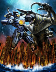 Rule 34 | battle, bioluminescence, cannon, chest cannon, city, clenched hand, clenched hands, directed-energy weapon, energy cannon, energy weapon, gipsy danger, glowing, jaeger (pacific rim), kaijuu, knifehead, legendary pictures, lightning, mecha, monster, movie poster, neon trim, no humans, nuclear vortex turbine, ocean, pacific rim, pan pacific defense corps, parody, rain, retro artstyle, robot, science fiction, senri, shigumo (shigeru), style parody, super robot, translation request