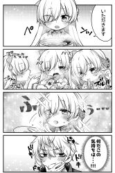 Rule 34 | 1boy, 1girl, 4koma, :t, absurdres, anastasia (fate), blush, bowl, chopsticks, closed eyes, closed mouth, comic, commentary request, eating, fate/grand order, fate (series), fingernails, food, greyscale, hair over one eye, tucking hair, hand on own face, heart, heart background, highres, holding, holding chopsticks, jako (jakoo21), kadoc zemlupus, monochrome, noodles, open mouth, profile, ramen, royal robe, sparkle, teeth, translation request, upper teeth only, v-shaped eyebrows
