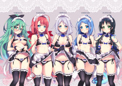 Rule 34 | 5girls, alternate costume, apron, arm behind back, back bow, bikini, black bikini, black gloves, black thighhighs, blue eyes, blue hair, blush, bow, bow bikini, braid, breasts, clothes lift, collar, commentary request, elbow gloves, enmaided, gloves, green eyes, green hair, hair between eyes, hair bow, hair flaps, hair ribbon, hand on own hip, highres, kantai collection, kawakaze (kancolle), lifted by self, long hair, looking at viewer, maid, maid apron, maid bikini, maid headdress, medium breasts, multiple girls, navel, open mouth, parted bangs, purple hair, red hair, ribbon, ringo sui, samidare (kancolle), scrunchie, side-tie bikini bottom, single braid, skirt, skirt lift, small breasts, smile, suzukaze (kancolle), swept bangs, swimsuit, thighhighs, twintails, umikaze (kancolle), unconventional maid, very long hair, yamakaze (kancolle)